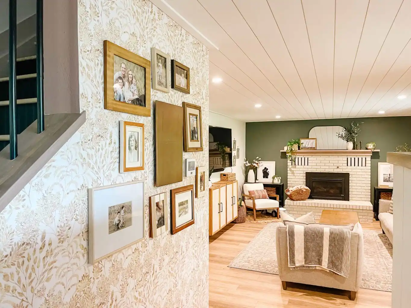 Residential wallpaper installation in a living room